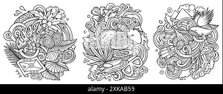 Grenada Cartoon Vektor Doodle Designs Set. Line Art detaillierte Kompositionen mit vielen Grenadianischen Objekten und Symbolen Stock Vektor