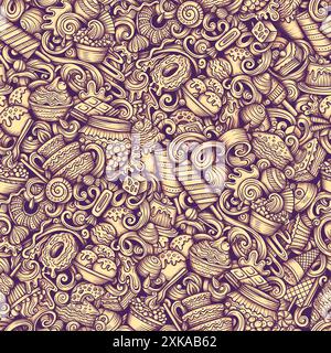 Grafik Doodle Desserts nahtloses Muster. Hintergrund mit Symbolen und Gegenständen für süße Speisen. Einfarbiger Hintergrund für den Druck auf Stoff, Textil und Handyhüllen Stockfoto