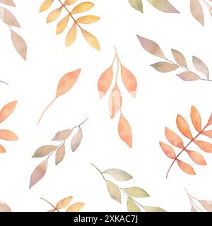 Nahtloses Herbstmuster aus verschiedenen Blättern. Botanische Aquarellillustration. Handgezeichnete isolierte Kunst. Pastellfarbener natürlicher Hintergrund für die Saison Stockfoto