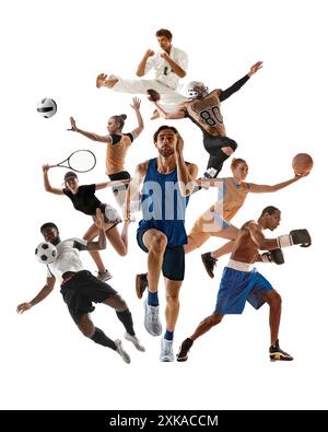 Vertikale kreative Collage. Dynamisches Bild von Männern und Frauen, Athleten verschiedener Sportarten in Bewegung, die Fähigkeiten und Entschlossenheit isoliert auf weiß zeigen Stockfoto