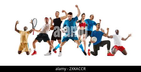 Champions. Kreative Collage von Männern und Frauen, mehrere Athleten verschiedener Sportarten, die Emotionen von Sieg und Erfolg zeigen, isolieren Don White Stockfoto