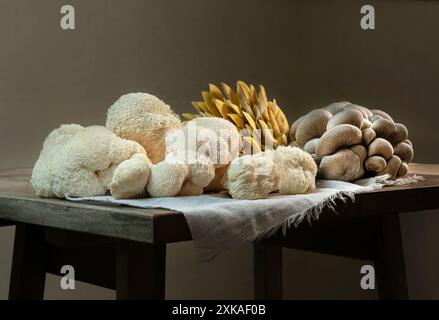 Verschiedene große rohe Pilze auf dem Holztisch. Gelbe Austernpilze, Lion's Maine und Blue Oyster Pilze. Stockfoto