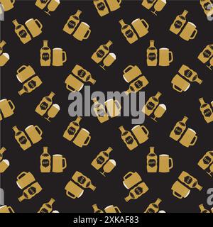 Bierflasche und Bierbecher nahtloser Vektormuster Hintergrund. Handgezeichnete Flaschen mit alkoholischen Getränken und Schaumgläsern im Hintergrund. Retro-Style in Schwarz Stock Vektor