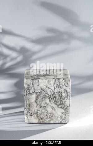 Marmorsteinwürfel Standfuß mit Kopierraum für Produkte und Herbsthintergrund mit Herbstbaumblättern. Weißes Sonnenlicht an der Wand Stockfoto