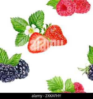 Aquarellillustration nahtloses Muster von Beeren einschließlich Erdbeeren, Himbeeren und Brombeeren Stockfoto