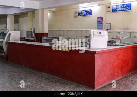 Kleines Unternehmen in Kuba, Metzgerei in Havanna fast leer mit Lebensmitteln (Jahr 2019) Stockfoto