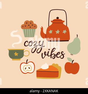 Herbstliche handgezeichnete Buchstaben mit gemütlichen Vibes. Handgeschriebener Schriftzug der Herbstsaison. Herbstsphrase mit niedlichen, gemütlichen Designelementen Stock Vektor