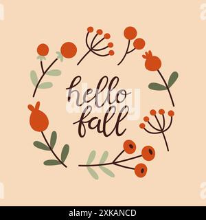 Herbstliche handgezeichnete Schrift Hallo Herbst. Handgeschriebener Schriftzug der Herbstsaison. Herbstsphrase mit niedlichen, gemütlichen Designelementen Stock Vektor