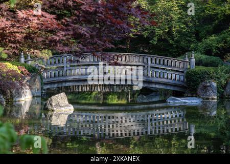 Holzbrücke in Nishinomiya Tsutakawa Japanese Garden, Manito Park, Spokane, Washington Stockfoto