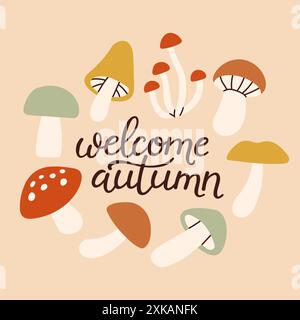 Herbstliche handgezeichnete Schrift Willkommen Herbst. Handgeschriebener Schriftzug der Herbstsaison. Herbstsphrase mit niedlichen, gemütlichen Designelementen Stock Vektor