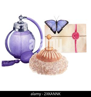 Vintage Flieder Parfümflasche mit Flieder Schmetterling, Vintage Umschlag und beigem Puderpuff. Handgemalte Aquarellabbildung isoliert auf weißer Rückseite Stockfoto