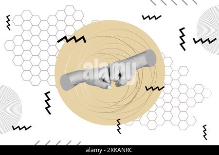 Frau und Mann schlagen sich gegenseitig auf einem gelben Kreis auf weißem Hintergrund mit Wabenmuster Stockfoto