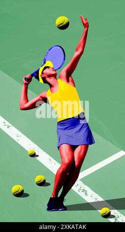 Vertikales Bild der Tennisspielerin in Bewegung, die Ball mit Schläger serviert. Zeitgenössische Kunstcollage. Pop-Art-Stil Stockfoto