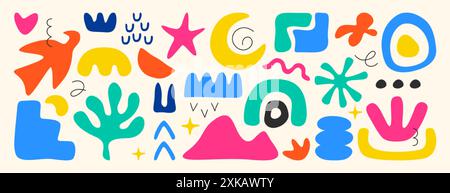 Vektorsatz abstrakter einfacher geometrischer Formen, Linien und Naturformen. Sammlung von handgezeichneten trendigen Grundfiguren, organischen matisse-Elementen. Freihändige Farbobjekte, Blumenpflanzen, Blätter. Stock Vektor