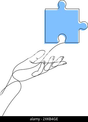Durchgehende, einzeilige Zeichnung eines Puzzles mit menschlicher Hand. Puzzlesymbol auf der Hand. Geschäftsmetapher, Problemlösungskonzept. Vektorillustra Stock Vektor