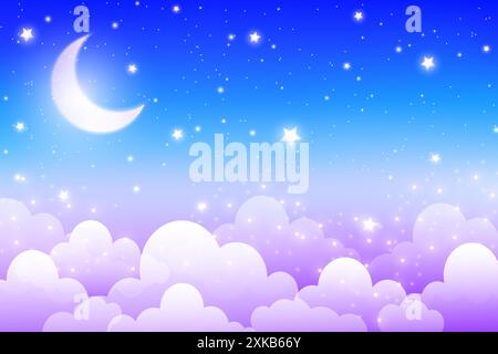 Nachthimmel Hintergrund. Bewölkter blauer Vektorraum mit Mond und Stern. Verschlafene Cartoon-Fantasy-Szene um Mitternacht. Niedliche Landschaft mit Sichel. Stock Vektor