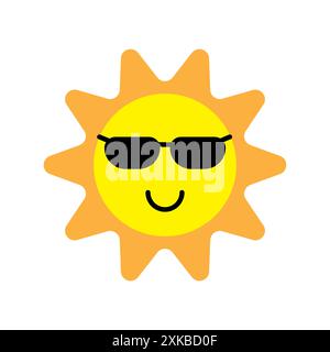 Symbol für das sonnige Gesicht. Tragen Sie eine schwarze Sonnenbrille. Hellgelbe Sonne. Lustiger Sommervektor. Stock Vektor