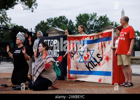 Washington, Usa. Juli 2024. Pro-palästinensische Demonstranten demonstrieren vor dem Weißen Haus. Der israelische Premierminister Benjamin Netanjahu wird diese Woche DC besuchen und vor dem Kongress sprechen. (Foto: Aaron Schwartz/SIPA USA) Credit: SIPA USA/Alamy Live News Stockfoto