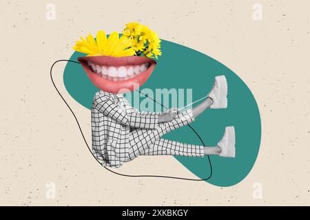 Composite Collage Bild von lustigen weiblichen Zahnlächeln Stomatologie Krawatte Schnürsenkel Blumen Natur Fantasy Plakatwand Comics Zine minimal Stockfoto