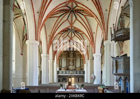 Innenaufnahme mit Orgel der Marienkirche Angermuende, Uckermark, Brandenburg, Deutschland, Europa Stockfoto