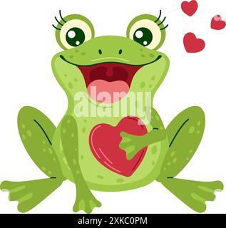 Ein entzückender grüner Frosch hält das rote Herz in seinen Pfoten und kleine rote Herzen um ihn herum. Handgezeichneter trendiger flacher Stil auf weißem Hintergrund. Liebe und Zuneigung Konzept Vektor Illustration Stock Vektor