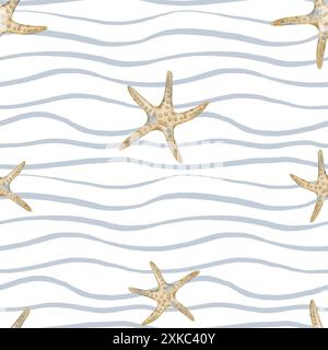 Seesterne Aquarell nahtloses Muster auf gestreiftem Hintergrund mit blauen Wellen. Nautische Kulisse mit Meeressternen zum Einpacken von Papier oder Textil. Verzierung mit Muscheln für Tapeten. Stockfoto