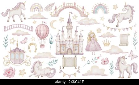 Aquarell-Clipart mit Einhörnern und Prinzessin-Schloss in Pastellrosa und Beige für kleine Mädchen. Illustration von Ballon, Sternen und Wolken für kindliches Design. Fantasy-Kutsche und Girlanden. Stockfoto