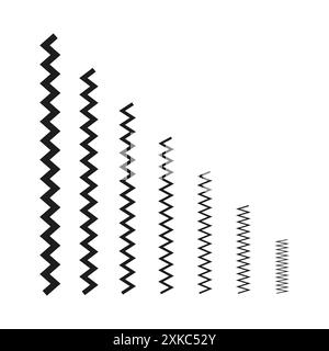 Zickzacklinien in der Reihenfolge. Schwarze geometrische Formen. Stufenweise Größenänderung. Vektorabbildung. Stock Vektor