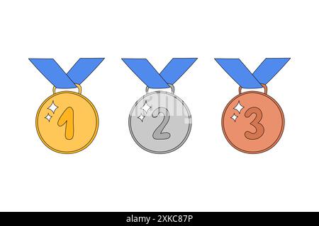 Medaillen mit Band-Vektor-Illustration. Doodle Preise Set aus Gold, Silber und Bronze. Siegerpreise erster, zweiter und dritter Platz. Hand umreißen Stock Vektor