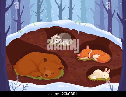 Tiere, die in der Höhle schlafen. Tierschlaf im unterirdischen Höhlenwald Winterschneesaison, niedlicher Bär Winterschlaf Wald Naturhaus, Zeichentricktierwelt geniale Vektor-Illustration Stock Vektor