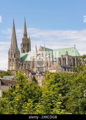 Südansicht der Kathedrale von Chartres, unserer Lieben Frau von Chartres, Cathédrale Notre-Dame de Chartres, Chartres, Eure-et-Loir, Frankreich Stockfoto