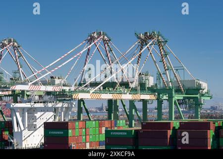 Los Angeles, Kalifornien, USA - 12. Januar 2024: Große Containerkrane entladen ein Schiff im Hafen von Los Angeles Stockfoto