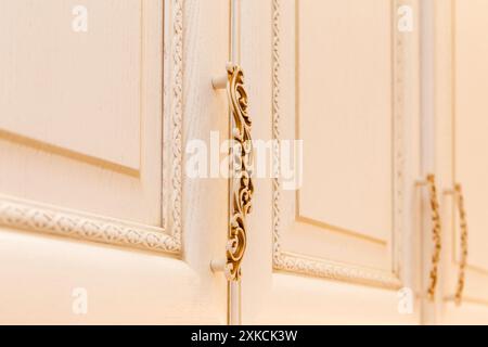 Aus nächster Nähe eine weiße Küchenschranktür mit einem kunstvollen goldenen Griff und einer komplizierten Zierleiste. Die detailgetreue Verarbeitung sorgt für einen Hauch von Luxus Stockfoto