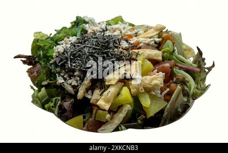 Poke Bowl hawaiianisches Meeresfrüchtegericht in einem auf dem Tisch isolierten Take-Out-Behälter (Wonton-Chips, Nori, Algensalat, Kani-Krabben, eingelegter Daikon-Radtich, Lachs, Stockfoto