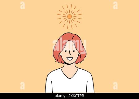 Helle Sonne über der Frau, die gutes Wetter und den Beginn der Sommersaison nach dem Winter genießt. Mädchen im lässigen T-Shirt lächelt und schaut auf den Bildschirm, steht unter kleiner Sonne und symbolisiert die Idee des Auftretens im Kopf Stock Vektor