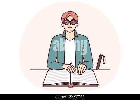 Der Blinde liest Braille-Bücher, indem er Finger mit dreidimensionalen Buchstaben berührt, um Wissen zu erlangen. Der Blinde mit Blindenschrift lernt sich selbst aus und lernt neue Literatur Stock Vektor