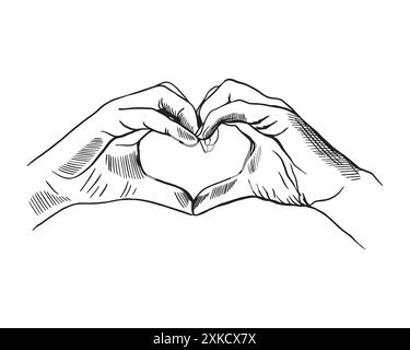 Menschliche Hände mit Herzgeste. Handgezeichnete Vektorillustration im grafischen Stil. Für Banner, Poster, Karten, Etiketten, Broschüren, Hinweisschilder. Stock Vektor