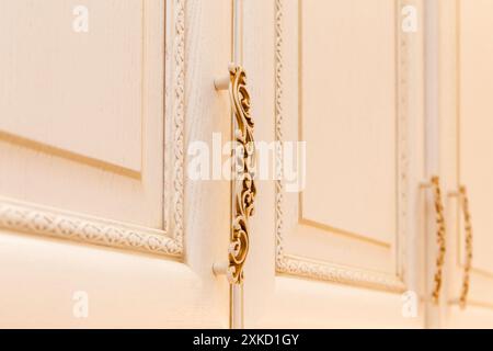 Aus nächster Nähe eine weiße Küchenschranktür mit einem kunstvollen goldenen Griff und einer komplizierten Zierleiste. Die detailgetreue Verarbeitung sorgt für einen Hauch von Luxus Stockfoto