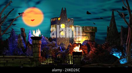 Halloween farbenfroher Hintergrund mit gruseligen gespenstischen Schloß in der Nacht. 3D-Rendering-Abbildung. Stockfoto