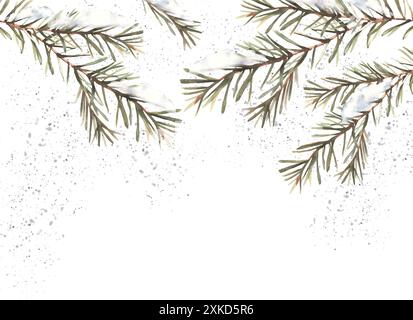 Schnee auf Fichtenzweig mit Nadelbanner. Es schneit im Winter. Weihnachtstannenzweig Aquarell handgezeichnete Illustration. Weihnachten oder Neujahr Stockfoto