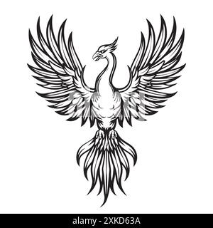 Abstrakte Phoenix-Kontur, Vogelkurve, Porträt. Logodesign Mit „Phoenix Fantasy“-Schriftzug Und „Silhouette“. Linie Gezeichnet Editierbares Magic Mascot Bird Portra Stock Vektor