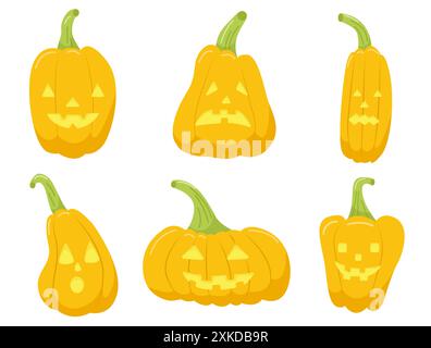 Kürbisse auf weißem Hintergrund. Orangefarbene Kürbisse mit Lächeln für dein Design für den Feiertag Halloween. Stock Vektor
