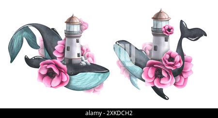 Großer Wal, Leuchtturm mit rosa Anemonenblüten. Aquarellillustration, handgezeichnet. Gruppe von Elementen, die vom Hintergrund isoliert wurden. Für Poster, Karten Stockfoto