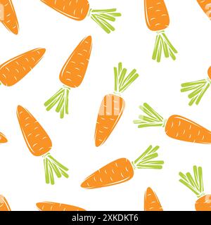 Vektor nahtlose nette Muster Cartoon flache Karotten auf weißem Hintergrund. Karottendruck In Frischem Orange. Konzept Für Gesunde Ernährung Stock Vektor