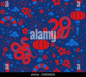 Nahtloses Muster Happy chinese New Year 2025 das Sternzeichen der Schlange mit asiatischen Elementen Papierschnitt-Stil auf farbigem Hintergrund. ( Übersetzung : Happy New Stock Vektor
