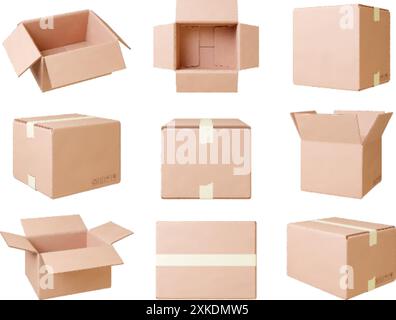 Realistische Kartonschachteln. Bastelbox für Pakete oder bewegliche Dinge. Papierpakete mit Seitenansicht vorne von oben. Delivery Elements, 3D-Vektor-Kollektion Stock Vektor