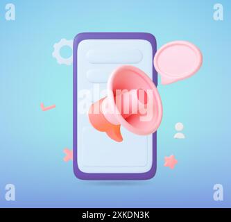 Social Media 3D-Konzept. Megaphon auf Smartphone-Bildschirm, Sprechblase und Symbole. Nachricht, Anzeigeninformationen, die das Nachrichtenmarketing aufbrechen. Realistischen Vektor rendern Stock Vektor