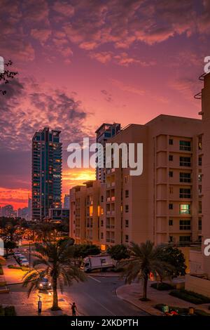 Blick auf eine Dubai Street bei Sonnenuntergang mit hohen Gebäuden, Palmen, geparkten Autos und Straßenlaternen. Stockfoto