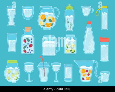 Wasserbecher. Dosen Flaschen mit Detox Drinks Dekanter mit Flüssigkeiten aktuelles Vektorwasser Stock Vektor