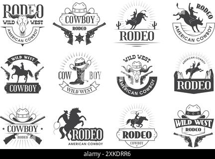 Cowboy-Etiketten. Mann mit Lasso reitet auf Stier neuere Vektor-Rodeo-Spielvorlage Stock Vektor